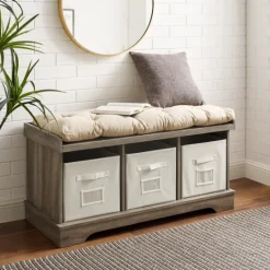 Kirkland's Home Gray Wash Entryway Bench And Storage Bins- Benches & Ottomans
