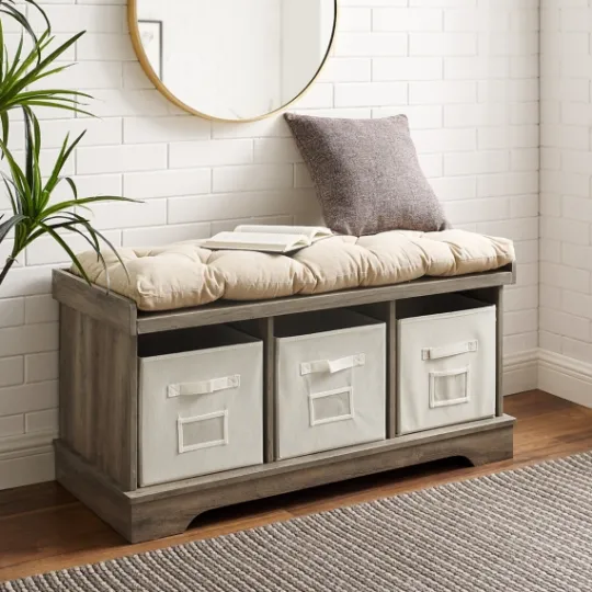 Kirkland's Home Gray Wash Entryway Bench And Storage Bins- Benches & Ottomans