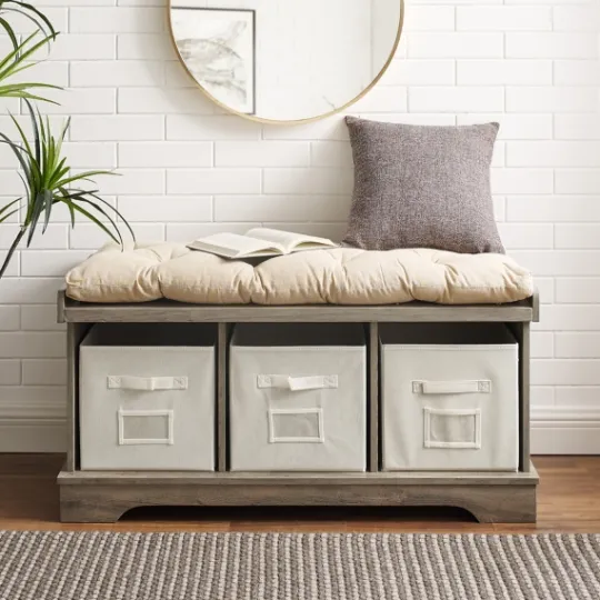 Kirkland's Home Gray Wash Entryway Bench And Storage Bins- Benches & Ottomans
