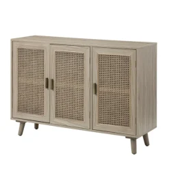 Kirkland's Home Gray Wood And Cane 3-Door Cabinet- Cabinets & Sideboards
