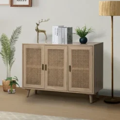 Kirkland's Home Gray Wood And Cane 3-Door Cabinet- Cabinets & Sideboards