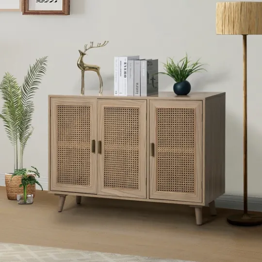 Kirkland's Home Gray Wood And Cane 3-Door Cabinet- Cabinets & Sideboards