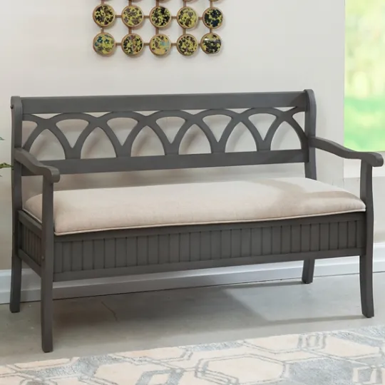 Kirkland's Home Gray Wood Upholstered Storage Bench- Benches & Ottomans