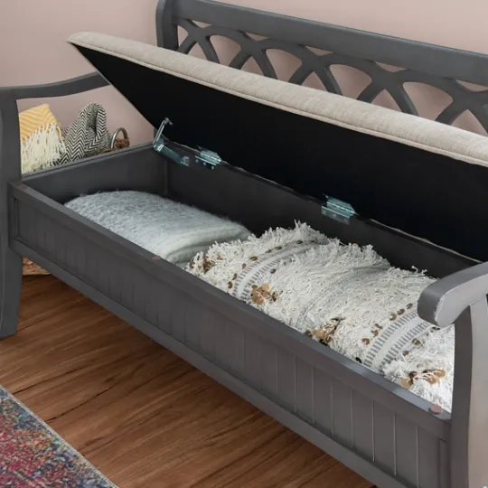 Kirkland's Home Gray Wood Upholstered Storage Bench- Benches & Ottomans