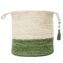 Kirkland's Home Green And Cream Woven Basket With Tassel, 17 In.- Baskets & Boxes