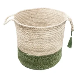 Kirkland's Home Green And Cream Woven Basket With Tassel, 17 In.- Baskets & Boxes