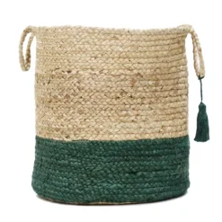 Kirkland's Home Green And Tan Woven Basket With Tassel, 19 In.- Baskets & Boxes