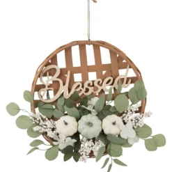 Kirkland's Home Green And White Pumpkins Woven Blessed Wreath- Wreaths