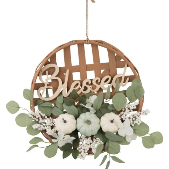 Kirkland's Home Green And White Pumpkins Woven Blessed Wreath- Wreaths