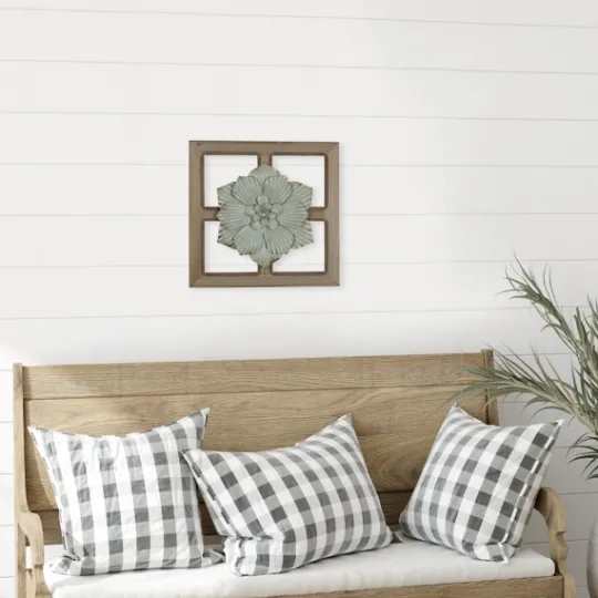Kirkland's Home Green Metal Flower Wood Frame Wall Sculpture- Wall Plaques