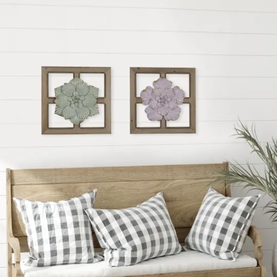 Kirkland's Home Green Metal Flower Wood Frame Wall Sculpture- Wall Plaques