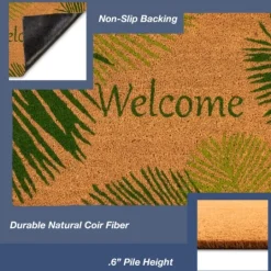 Kirkland's Home Green Palm Fronds Welcome Coir Doormat- Doormats
