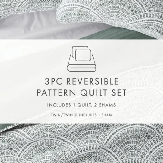 Kirkland's Home Green Scalloped Reversible 3-Pc. Queen Quilt Set- Quilts