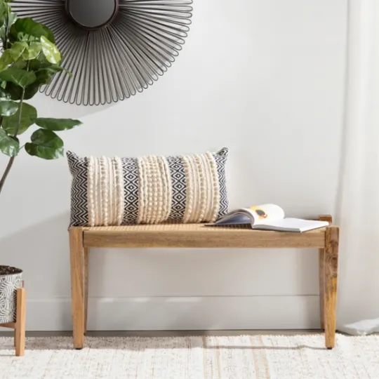 Kirkland's Home Handwoven Rattan Cane And Mango Wood Bench- Entryway Furniture