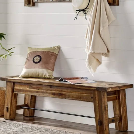 Kirkland's Home Honey Acacia Wood Rustic Metal Rod Dining Bench- Dining Chairs