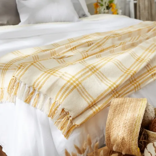 Kirkland's Home Honey Gold Plaid Fringe Throw- Blankets & Throws