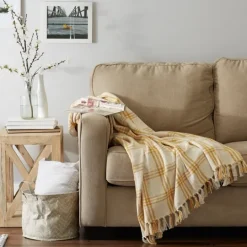 Kirkland's Home Honey Gold Plaid Fringe Throw- Blankets & Throws