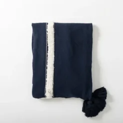 Kirkland's Home Indigo Throw Blanket With Tufted White Stripes- Blankets & Throws