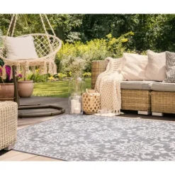 Kirkland's Home Irene Gray Daffodil Outdoor Area Rug, 4X7- Outdoor Rugs