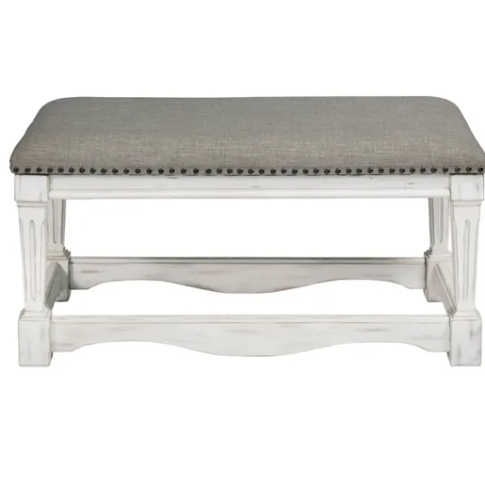 Kirkland's Home Ivory And Gray Wooden Upholstered Bench- Benches & Ottomans