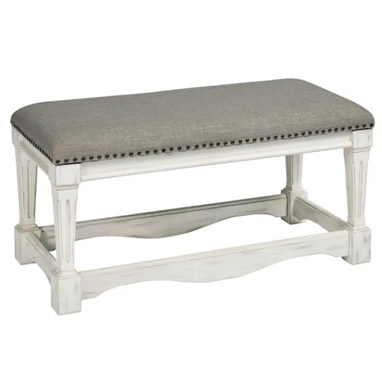 Kirkland's Home Ivory And Gray Wooden Upholstered Bench- Benches & Ottomans