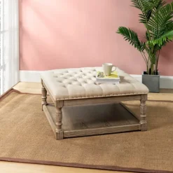 Kirkland's Home Ivory Linen Low Base Tufted Ottoman- Benches & Ottomans