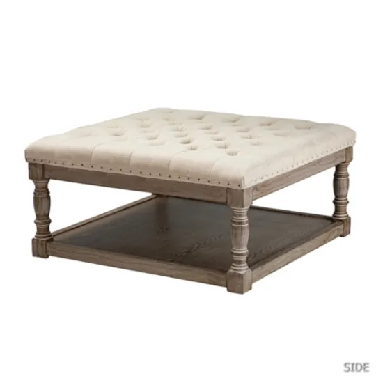 Kirkland's Home Ivory Linen Low Base Tufted Ottoman- Benches & Ottomans