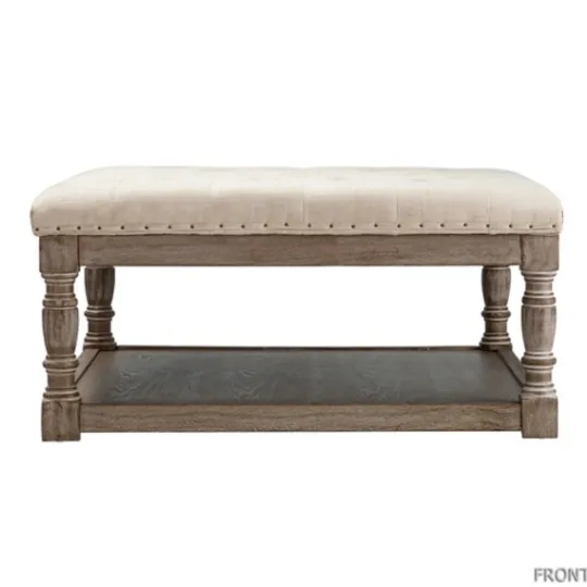 Kirkland's Home Ivory Linen Low Base Tufted Ottoman- Benches & Ottomans