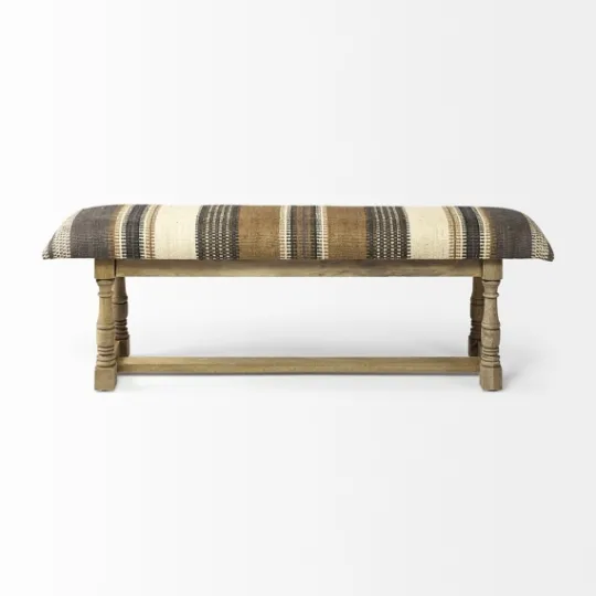 Kirkland's Home Jute Striped Natural Wood Bench- Benches & Ottomans