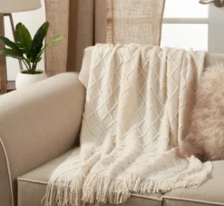 Kirkland's Home Knitted Beige With Fringe Throw Blanket- Blankets & Throws