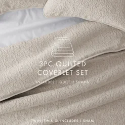 Kirkland's Home Latte Floral Stitch 3-Pc. King Quilt Set- Quilts
