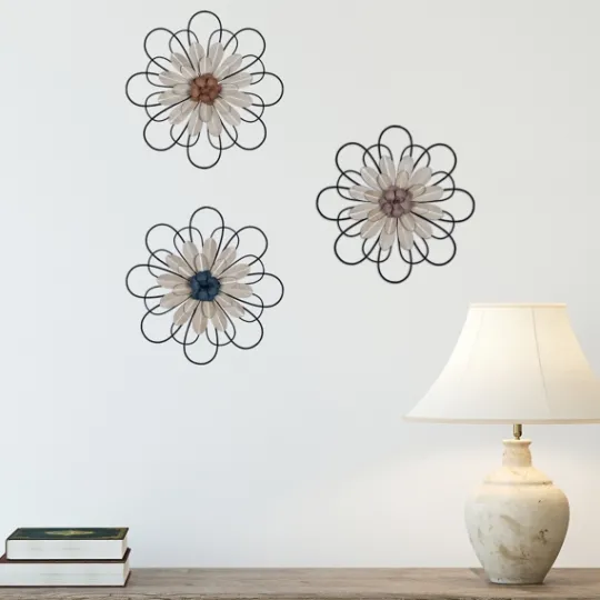 Kirkland's Home Layered Metal & Wood Flower Wall Plaques, Set Of 3- Wall Plaques