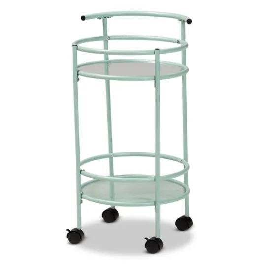 Kirkland's Home Light Blue Round Metal Bar Cart- Kitchen Islands & Bar Carts
