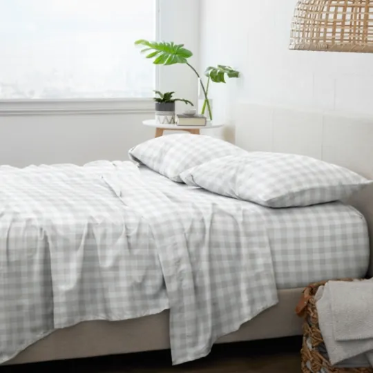 Kirkland's Home Light Gray Country Plaid 4-Pc. King Bed Sheet Set- Bed Sheets