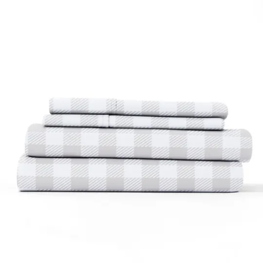 Kirkland's Home Light Gray Country Plaid 4-Pc. King Bed Sheet Set- Bed Sheets