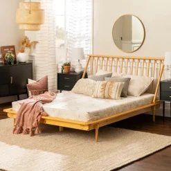 Kirkland's Home Light Oak Modern Spindle Wooden Queen Bed- Beds & Headboards