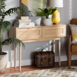 Kirkland's Home Light Oak Rat And Wood Console Table- Console Tables