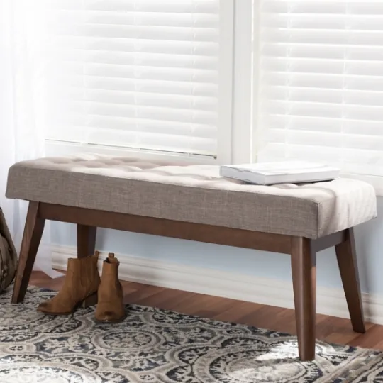Kirkland's Home Light Tufted Walnut Wood Bench- Benches & Ottomans