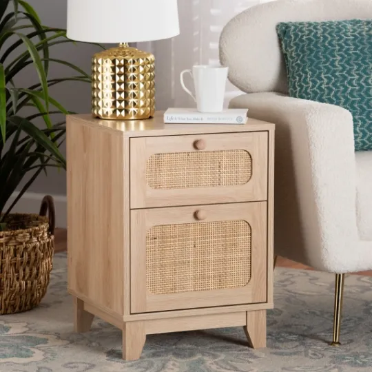 Kirkland's Home Light Wood And Cane Accent Nightstand- Nightstands