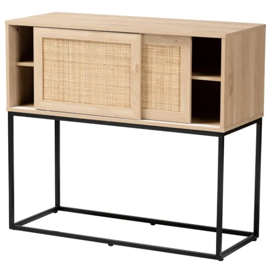 Kirkland's Home Light Wood And Rat Sliding Door Cabinet- Cabinets & Sideboards
