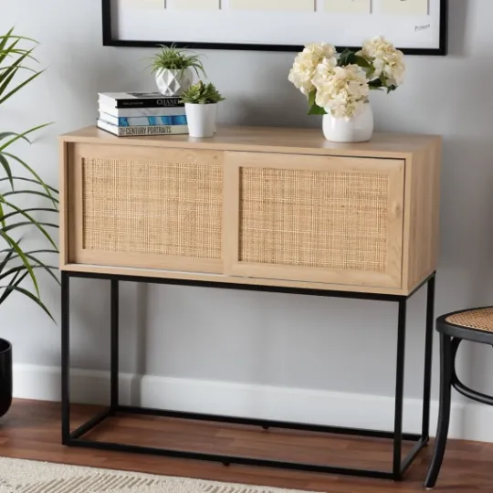 Kirkland's Home Light Wood And Rat Sliding Door Cabinet- Cabinets & Sideboards