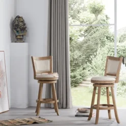 Kirkland's Home Linen And Driftwood Nailhead Swivel Bar Stool- Bar Stools & Counter Height Stools