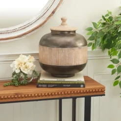 Kirkland's Home Mahogany Wood And Metal Jar With Lid, 14 In.- Decorative Bowls & Jars
