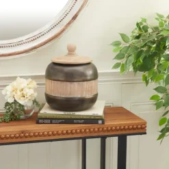 Kirkland's Home Mahogany Wood And Metal Jar With Lid, 11 In.- Decorative Bowls & Jars