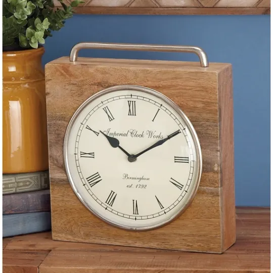 Kirkland's Home Mango Wood Square Handled Tabletop Clock- Decorative Accents