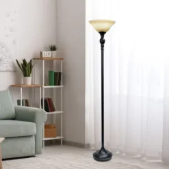 Kirkland's Home Matte Black And Amber Glass Torchiere- Floor Lamps