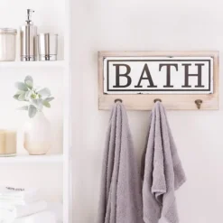 Kirkland's Home Metal And Wood Bath Sign With Hooks- Hooks