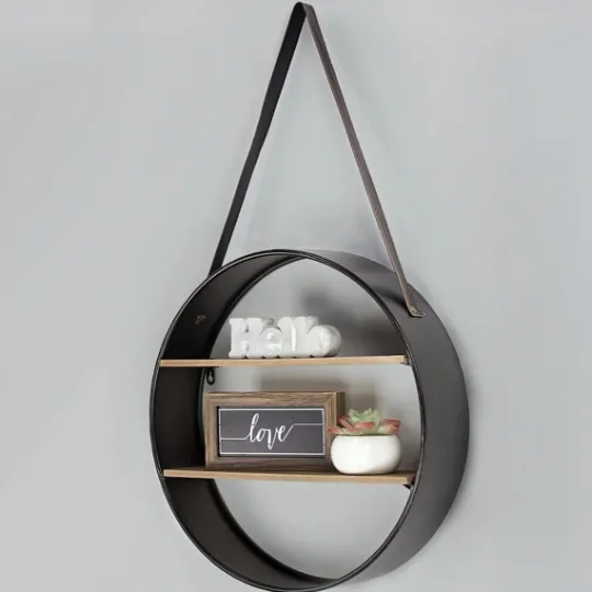 Kirkland's Home Metal Circle Wall Shelf With Leather Strap- Shelves