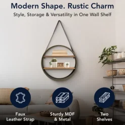 Kirkland's Home Metal Circle Wall Shelf With Leather Strap- Shelves