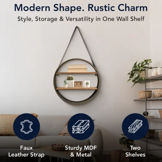 Kirkland's Home Metal Circle Wall Shelf With Leather Strap- Shelves